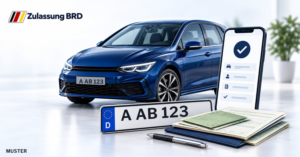 Online Fahrzeugzulassung in Bobingen: Musterkennzeichen A AB 123, Auto und Fahrzeugpapiere und Smartphone. Illustration mit Logo von Zulassung BRD.